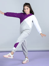 Girls Purple and White Color Blocked Tracksuit